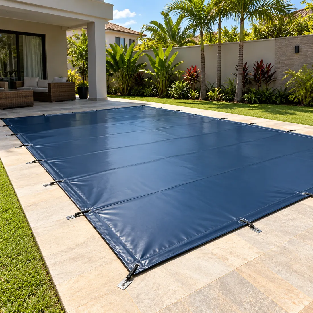 Lona protetora instalada sobre piscina